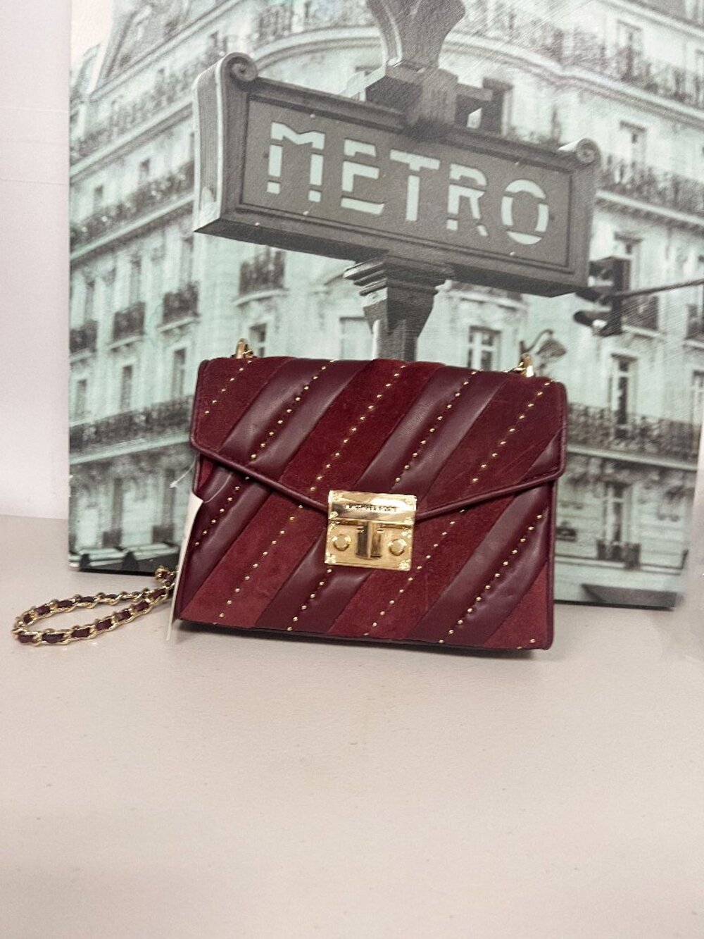 Michael Kors 35F1GXOL2U Rose Medium Flap Burgundy Studded Crossbody Bag